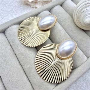 گوشواره گرد شیاردار و مرواریدی طلایی