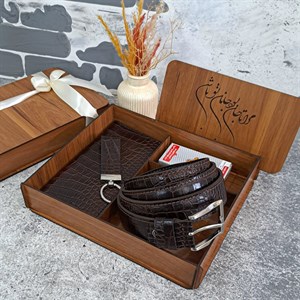 ست هدیه چرم مردانه چرم طبیعی کیف پول و کمربند مدل 3 تیکه کتی روکو قهوه ای