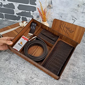 ست هدیه چرم مردانه چرم طبیعی کیف پول و کمربند مدل 4 تیکه روکو قهوه ای
