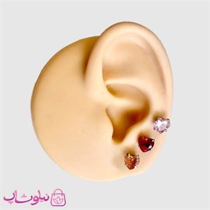 پیرسینگ گوش پایه نقره ای مدل قلب نگین رنگی کد 80