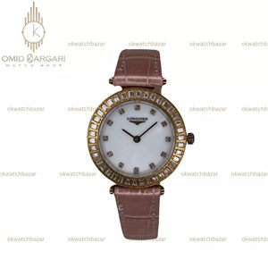 ساعت مچی لونژین بند صورتی قاب نگین‌دار Longines