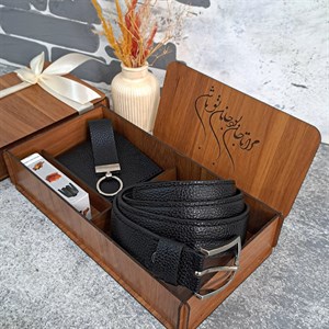 ست هدیه چرم مردانه چرم طبیعی کیف پول و کمربند مدل 3تیکه جیبی 2لت فلوتر مشکی