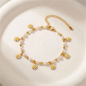 پابند آویزدار طلایی طرح گل بابونه و مروارید