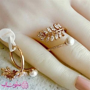انگشتر زنانه ژوپینگ طلایی مدل برگ و مروارید کد 3991