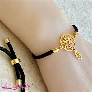 دستبند زنانه آسانسوری با بند مشکی و پلاک طلایی آویزدار برگ کد 159