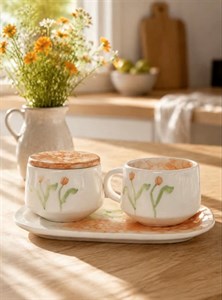 چای خوری سرامیک تک نفره آبرنگی گلی