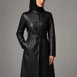 پالتو چرم طبیعی زنانه یقه فرانسوی کمربنددار