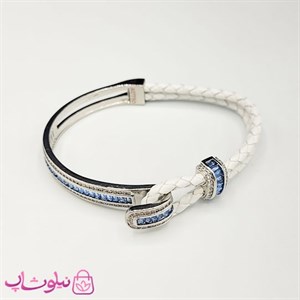 دستبند زنانه بولگاری مدل چرم استیل آبی سفید نقره ای کیفیت مستر کد 1600