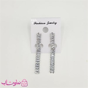 گوشواره زنانه مدل تنیسی نقره ای رنگ با نگین باگتی سفید کد 190 