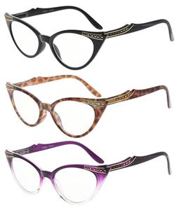 Eyekepper Womens 3 Pairs Eyeglasses Ladies' Vintage Cat Eye Eyewear, Include Sunglasses (Black Transparent/Red Transparent/Grey Lens, 0.00)