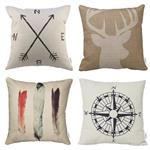 HIPPIH 4 Packs Throw Pillow Covers 18 X 18 Inch, Cotton Linen Sofa Pillow Case Cushion, Home Decor Design Covers,1x Deer Antlers + 1x Feathers + 1x Compass + 1x Navigation Compass