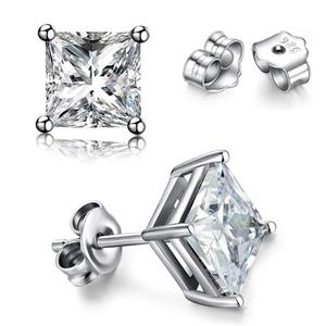 SWOPAN 925 Sterling Silver Princess Cut Cubic Zirconia Stud Earrings for Women Men Sparkling Simulated Diamond Brilliance CZ Stud Ear Piercing Earrings Hypoallergenic Jewelry, 4-8MM Available 