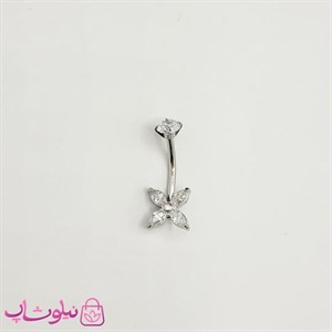 پیرسینگ ناف مدل پروانه/ گل نقره ای رنگ نگین سفید کد 310