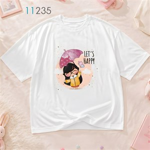 تیشرت زنانه فیت آزاد سفید طرح دختر و چتر LET'S HAPPY
