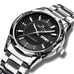 MEGALITH Mens Black Wrist Watches Men Waterproof Silver Stainless Steel Watches Day Date Calendar Tungsten Steel Watch