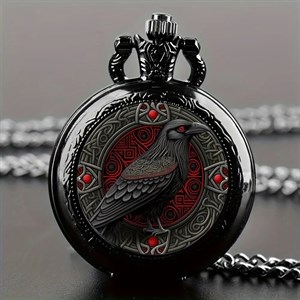ساعت جیبی گوتیک مشکی با طرح کلاغ و زنجیر گردنبند