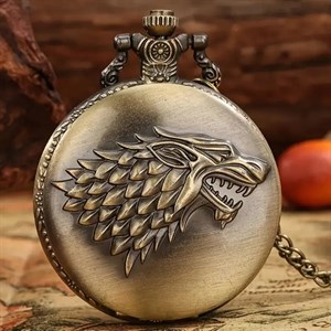 گردنبند ساعت جیبی کوارتز طرح سر گرگ مشکی و وینتیج