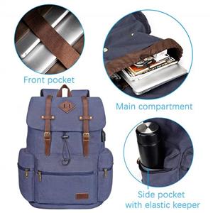 Modoker Canvas Leather Laptop Backpack Vintage Computer Bookbag with USB Charging Port, Travel Backpack College School Bag for Men Women Vegan Rucksack Daypack Fits 15.6 Inch Notebook