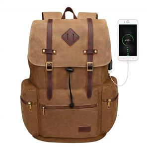 Modoker Canvas Leather Laptop Backpack Vintage Computer Bookbag with USB Charging Port, Travel Backpack College School Bag for Men Women Vegan Rucksack Daypack Fits 15.6 Inch Notebook