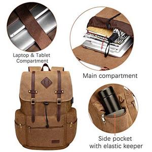 Modoker Canvas Leather Laptop Backpack Vintage Computer Bookbag with USB Charging Port, Travel Backpack College School Bag for Men Women Vegan Rucksack Daypack Fits 15.6 Inch Notebook