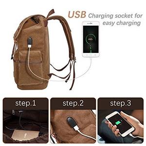 Modoker Canvas Leather Laptop Backpack Vintage Computer Bookbag with USB Charging Port, Travel Backpack College School Bag for Men Women Vegan Rucksack Daypack Fits 15.6 Inch Notebook