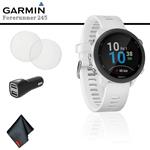 Garmin Forerunner 245 Music GPS Running Smartwatch (White) + Car Adapter + Tempered Screen Protector + Cleaning Cloth