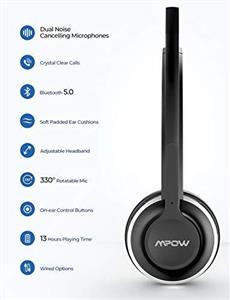 Mpow HC3 Truck Driver Headsets V5.0 Bluetooth with Dual Mic Noise Canceling Hands Free Wireless Earpiece for All Day Comfort Wired On USB Office Call Center Cell Phone 