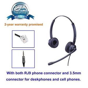 Telephone Headset with RJ9 Jack and Noise Cancelling Microphone for Call Centers Offices Two Connectors 3.5mm Compatible Avaya Nortel Aastra Toshiba Jabra 