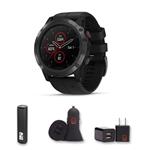 Garmin Fenix 5X Plus - Sapphire, (Black/Black Band) Bundle with PowerBank + USB Car Charger + USB Wall Charger (4 Items)