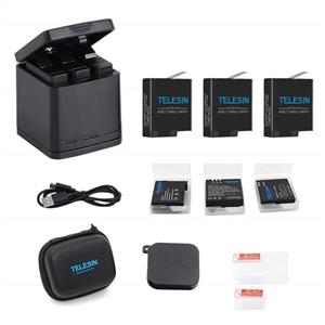 TELESIN Triple Charger Battery Charging Box with 3 Battery Pack, Storage Cases, USB Type-C Cable, Camera Lens Cover, Screen & Lens Protector 6 in 1 Accessory Kit for GoPro Hero 2018, Hero 6, Hero 5 