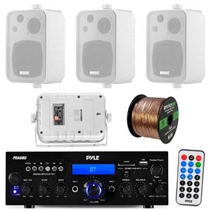 Pyle PDA6BU 200-Watt 2-Channel Digital USB/AUX FM Radio Stereo Amplifier Receiver, Bundle Combo With 4x Enrock EKMR408W 4" Inch 200-Watt 3-Way White Box Speakers, 50 Feet 16-Gauge Speaker Wire