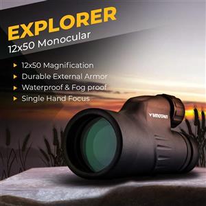 Wingspan Optics Explorer High Powered 12X50 Monocular. Bright and Clear. Single Hand Focus. Waterproof. Fog Proof. For Bird Watching, or Watching Wildlife. Daytime Use. Formerly Polaris Optics 