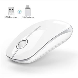 Wireless Mouse, Vive Comb 2.4G Slim Mute Portable Silent Computer Mice with USB Receiver and Type-C Adapter for Notebook, PC, Laptop, Computer, MacBook-White and Silver 