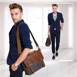 Wowbox Messenger Satchel Bag for Men and Women,Vintage Canvas Real Leather 14-inch Laptop Briefcase for Everday use 13"(L) x10.5(H) x 4.1"(W)(Gray)