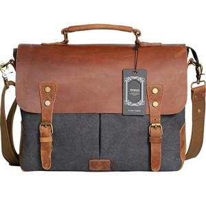 Wowbox Messenger Satchel Bag for Men and Women,Vintage Canvas Real Leather 14-inch Laptop Briefcase for Everday use 13"(L) x10.5(H) x 4.1"(W)(Gray)