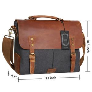 Wowbox Messenger Satchel Bag for Men and Women,Vintage Canvas Real Leather 14-inch Laptop Briefcase for Everday use 13"(L) x10.5(H) x 4.1"(W)(Gray)