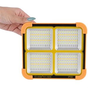 پرژکتور شارژی خورشیدی مدل KY‑100W | چراغ قابل‌حمل پاوربانک‌دار، نور قوی مناسب کمپینگ