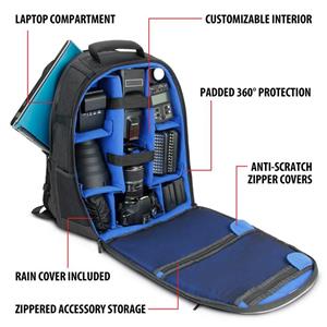 USA Gear SLR Camera Backpack with Laptop Compartment, Front Loading Access, Rain Cover, Large Lens Storage and Weather Resistant Bottom - Compatible with Canon, Nikon, Sony, Pentax and More 
