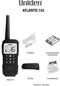 Uniden Atlantis 155 Handheld Two-Way VHF Marine Radio, Floating IPX7 Submersible Waterproof, Dual-Color Screen, All USA/International/Canadian Marine Channels, NOAA Weather Alert, 10 Hour Battery 