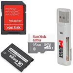 Sandisk Ultra 16GB Class 10 UHS-1 MicroSD MicroSDHC Card with MicroSDHC to Memory Stick MS Pro Duo Adapter for Sony PSP and Cybershot Cameras with MemoryMarket MicroSD & SD Memory card Reader