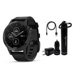 ساعت مچی GPS ، موسیقی و پرداخت های بدون تماس و Wearable4U Ultimate Power Pack Ultimate Garmin Fenix 5 Plus Premium Multisport Watch Watch با نقشه ها ، موسیقی و پرداخت های بدون تماس و نقره ای با باند سیاه