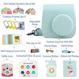 WOGOZAN Compatible Fujifilm Instax Mini 9 Mini 8 Instant Film Camera Leather Case Suit with Case, Album, Filters and Other 6 Accessories 9 Items for Fujifilm Instax Mini 9 8 ( Ice Blue Color Kit) 