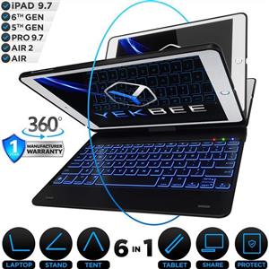 iPad Keyboard Case for 2018 6th Gen 2017 5th Pro 9.7 Air Thin Light 360 Rotatable Wireless BT Backlit 10 Color with Black 