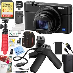 Sony RX100 VI Cyber-Shot Digital Camera 20.1 MP with 24-200mm Zoom Bundle with Shooting Grip and Tripod, 64GB Memory Card, Paintshop Pro, Case, Battery, Cleaning Pen Tripod and Accessories (9 Items) 