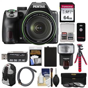 Pentax K-70 All Weather Wi-Fi Digital SLR Camera & 18-135mm WR Lens (Black) with 64GB Card + Backpack + Flash + Battery + Tripod + Filters + Remote + Kit 