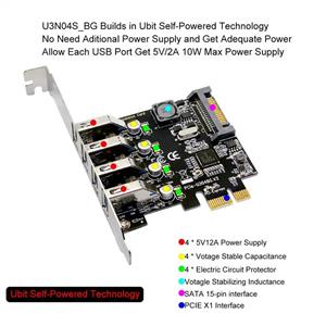 PCI E USB 3.0 Riser Card Super Fast 5Gbps Express PCIe Expansion 4 Channel Server 4xDedicated Channels 20Gbps with Build in Self Powered Technology 