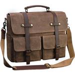 Laptop Messenger Bag for Men 15.6 Inch Waterproof Vintage Waxed Canvas Briefcase Genuine Leather Satchel Shoulder Bag Large Retro Computer Laptop Bag,Brown