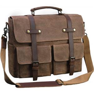 Laptop Messenger Bag for Men 15.6 Inch Waterproof Vintage Waxed Canvas Briefcase Genuine Leather Satchel Shoulder Bag Large Retro Computer Laptop Bag,Brown