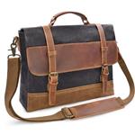 Mens Messenger Bag 15.6 Inch Waterproof Vintage Genuine Leather Waxed Canvas Briefcase Large Satchel Shoulder Bag Rugged Leather Computer Laptop Bag Grey