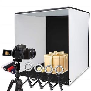 Photo Box, SAMTIAN 24x24 Inches Professional Light Box Shooting Tent with 5 Tripods 4 LED Ring Lights 4 Backdrops and a Cell Phone Holder for Photography 